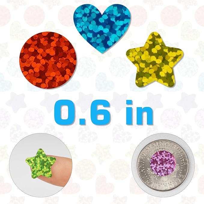 Holographic Star and Heart Stickers for Kids, 2160 Pieces, Rainbow Colors, Kids Reward and Decoration for School Classroom Student Teacher Supplies and Gift Envelope DIY