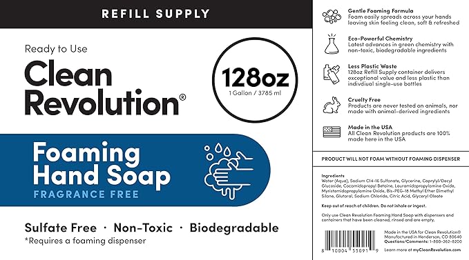 Clean Revolution Foaming Hand Soap Refill Supply, Gentle, Moisturizing & Eco-Friendly, Ready to Use Formula, Gluten Free, Unscented, Fragrance Free, 128 Fl Oz