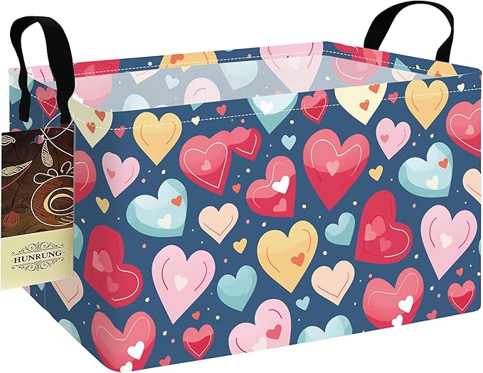 HUNRUNG Rectangle Storage Basket Cute Canvas Organizer Bin for Pet/Children Toys, Books, Clothes Perfect for Rooms/Playroom(REC-Colorful Heart)