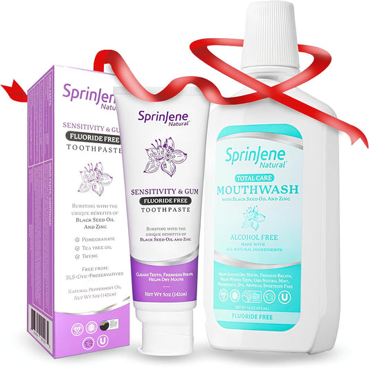 SprinJene Natural Sensitivity & Gum, Fluoride Free Toothpaste for Sensitive Teeth & Gum (1 Pack) + Fluoride Free & Alcohol Free Mouthwash