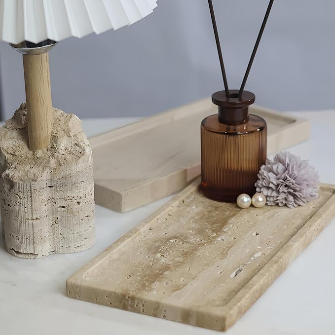 Solid Natural Marble Rectangle Vanity Tray - 9.8"x5" Italy Natural Bath & Counter Organizer, Decorative Jewelry Perfume Holder, Kitchen Coffee Table Serving Tray（Travertine）