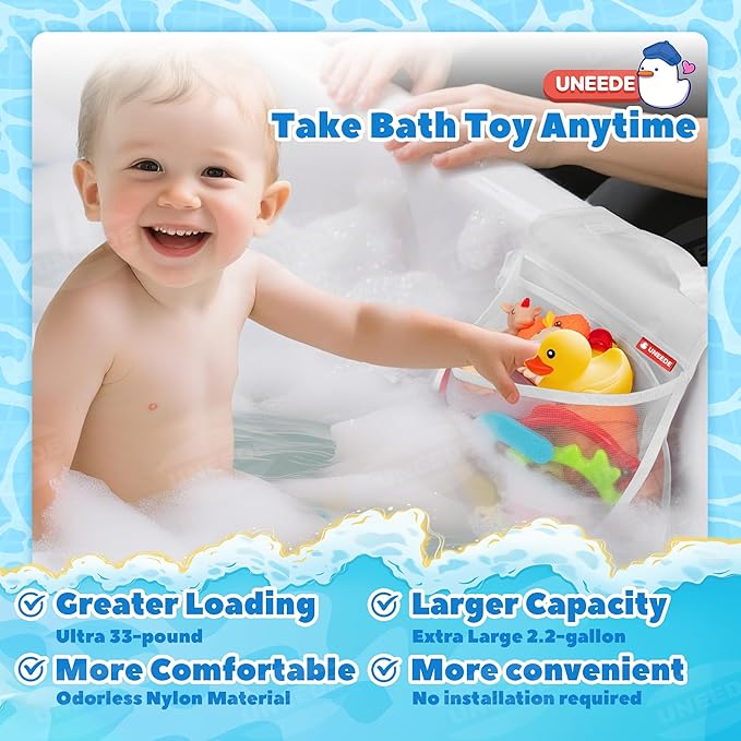 UNEEDE Bath Toy Storage Saddle Shape 2 Compartments,Quick Access丨Wide Opening Bathtub Toy Organizer for Tub,Nylon Mesh Shower Holder and Tub Storage Organizer for Kids,Easy to Clean and Install