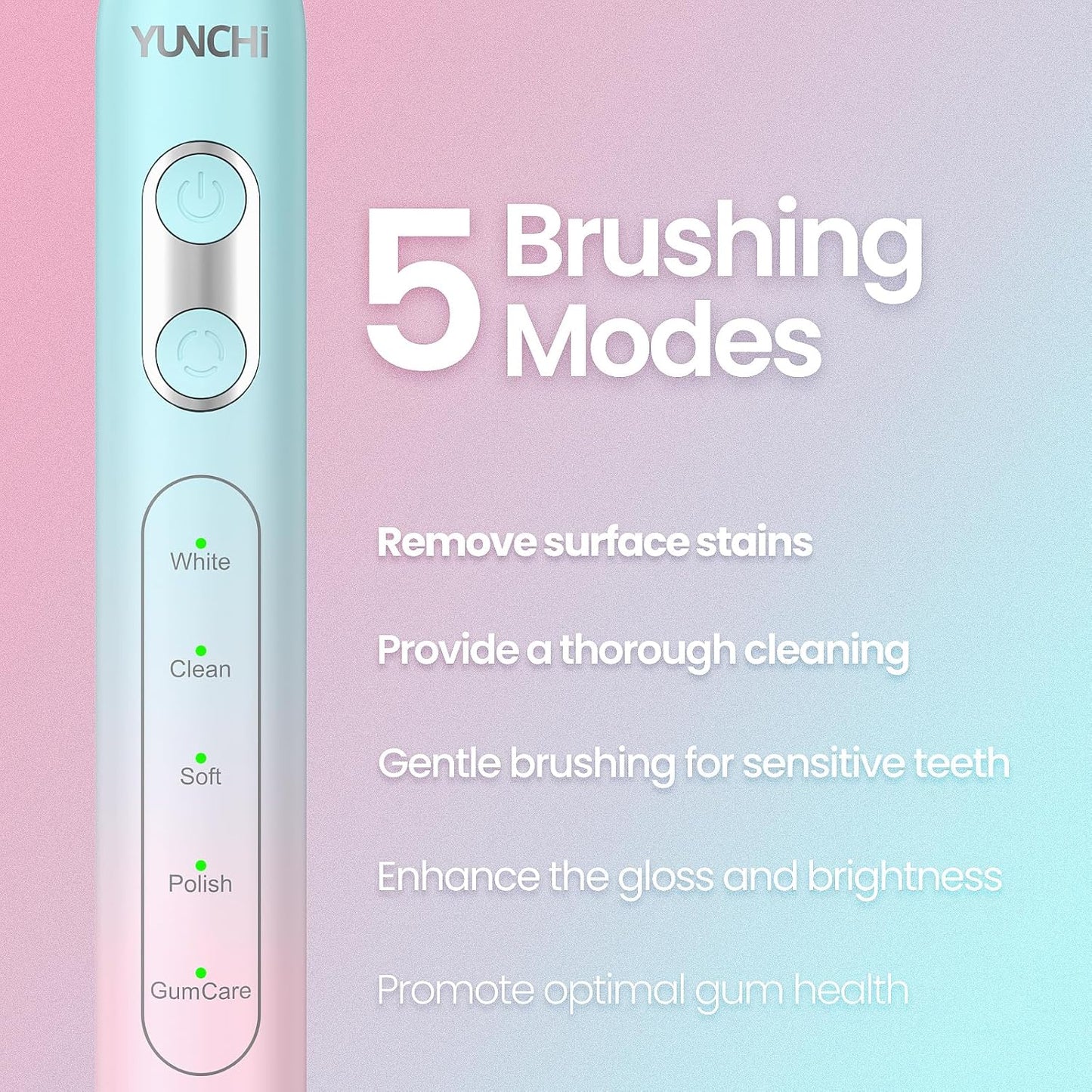 YUNCHI Sonic Electric Toothbrush for Adults & Teen, Rechargeable Battery Electric Toothbrush, 8 Brush Heads, 5 Modes, 44000 VPM Motor, 2 Min Smart Timer, IPX7 Waterproof, Travel Case, 90 Days-Gradient