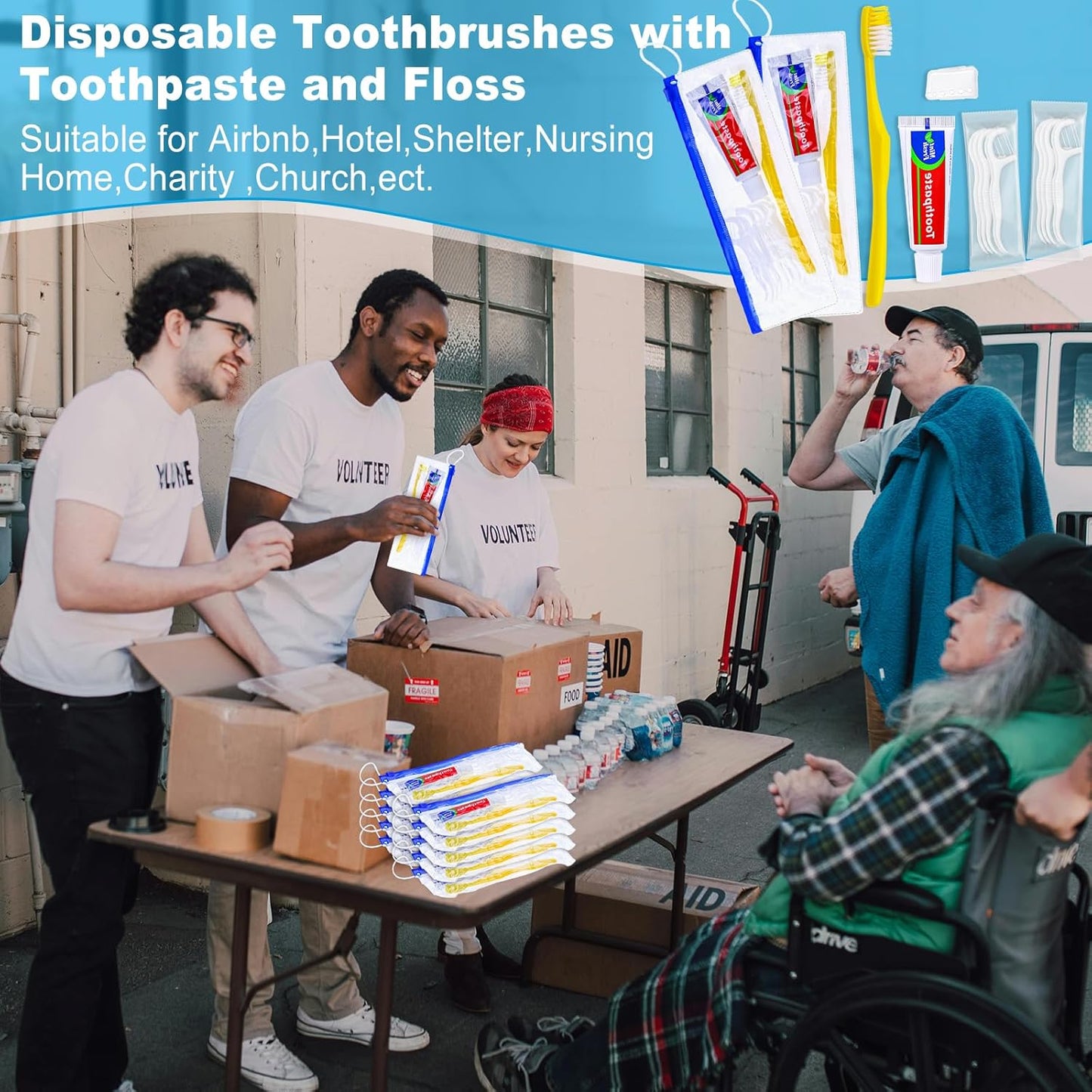 100 pcs Disposable Toothbrushes with Toothpaste and Floss Set,Yellow Individually Wrapped Bulk Single Use Toothbrush Floss Cover Travel Toothbrushes Kit with Zip Bag for Homeless,Hotel,Guest