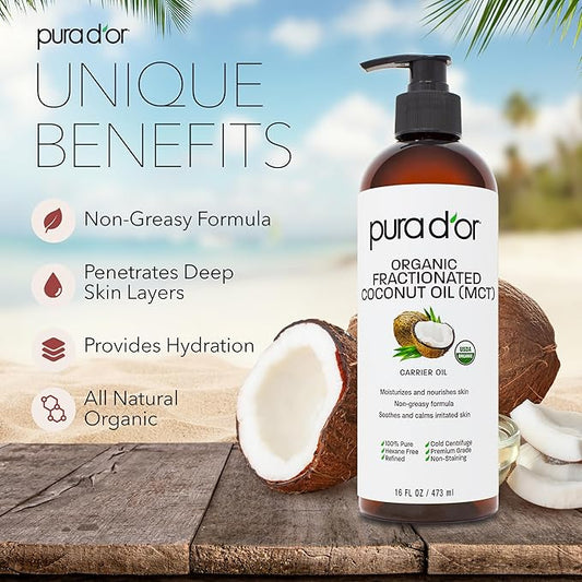 PURA D'OR 16 Oz ORGANIC Fractionated Coconut Oil - MCT Oil - 100% Pure & Natural USDA Certified Cold Pressed Carrier Oil - Unscented, Hexane Free Moisturizer For Face, Skin & Hair Tonic - Men & Women