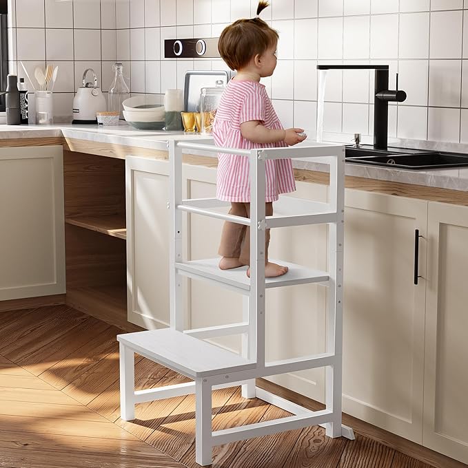 Kitchen Step Stool for Toddlers, Height Adjustable Toddler Tower with Safety Rail, Steel and Wood Toddler Kitchen Stool Helper Kids, Stool for Kids, Learning Tower, Kids' Desk White