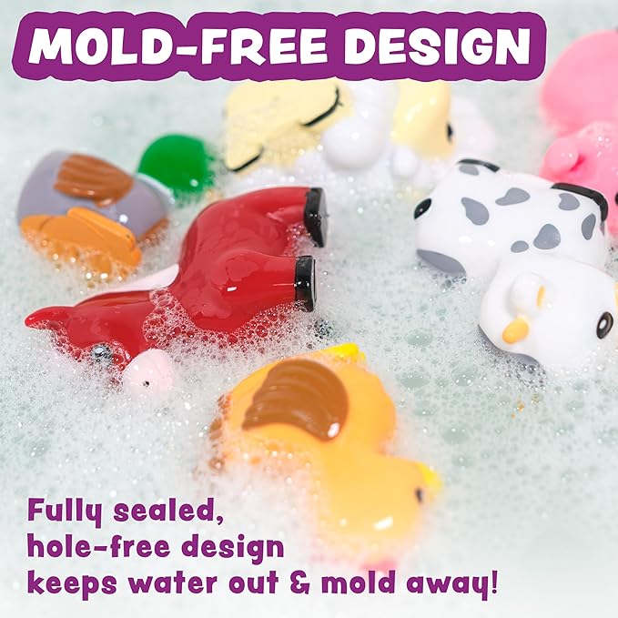 Tub Works® Barnyard™ Mold Free Bath Toys, 6 Pack | Sealed, No Hole Bath Toys Design Keeps Moisture Out | Soft, Squeezable & Float on Water | Farm Animals Baby & Toddler Bathtub Toys | Baby Pool Toys