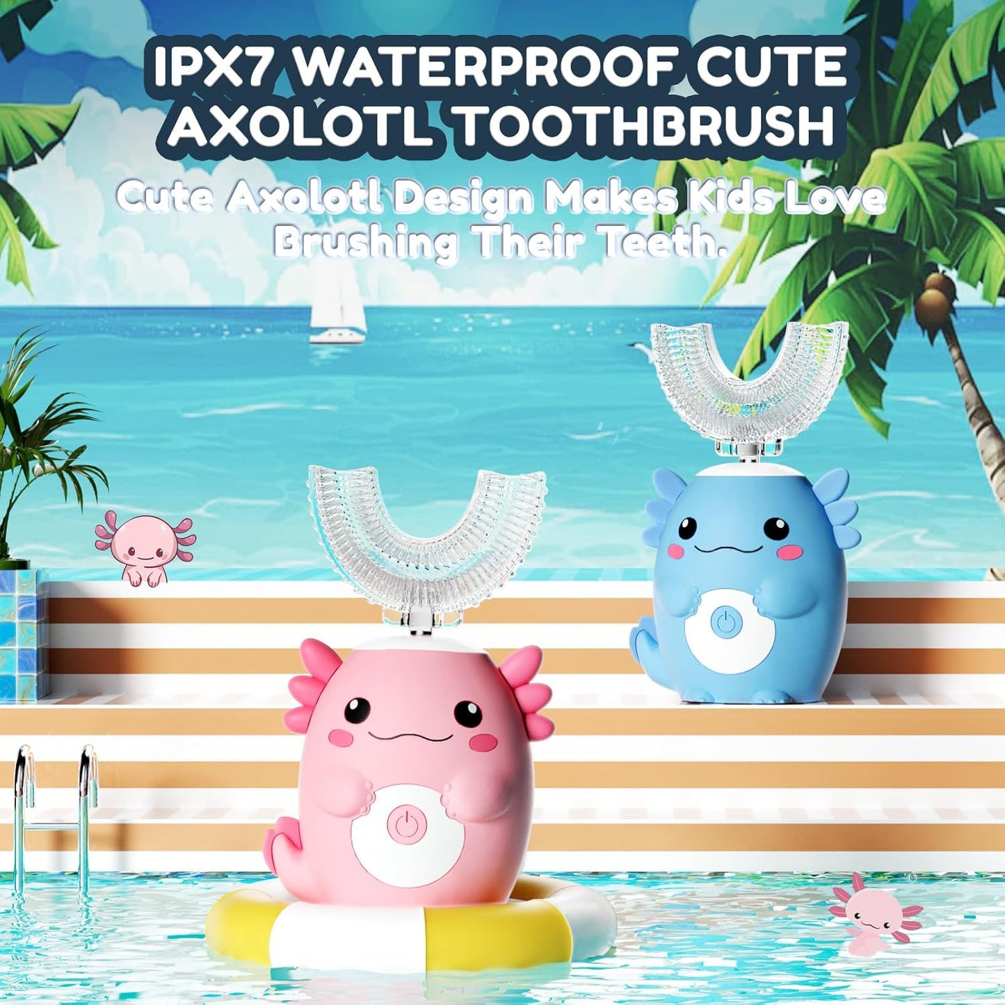 Kids Electric U Shaped Toothbrush - Axolotl Kids Sonic Toothbrush with 6 Brush Head Automatic Rechargeable 6 Cleaning Modes Full Mouth Cleaning-Pink