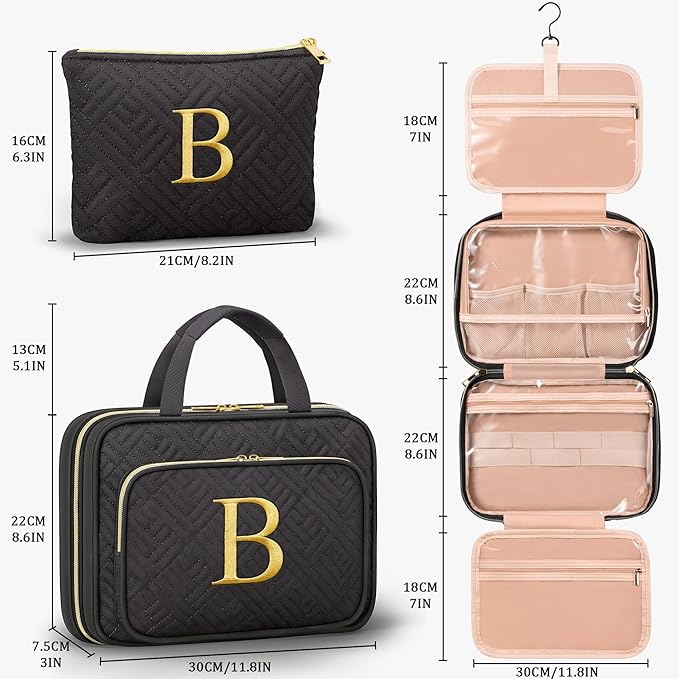 Personalized Gifts for Women, Initial Toiletry Bag Hanging Travel Organizer & Makeup Cosmetic Bag with Embroidery Letter Teacher Appreciation Gift Birthday Christmas Gifts for Mom Wife Friend Sister