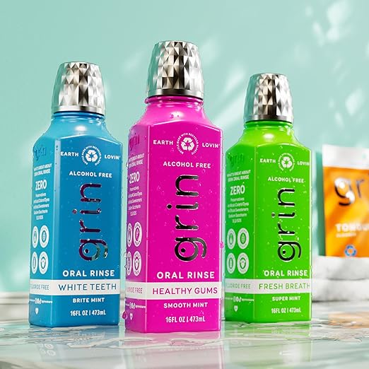 Grin Healthy Gums Oral Rinse, 16 Fl Oz, Fresh Breath Mouthwash, Smooth Mint Flavored, Alcohol-Free