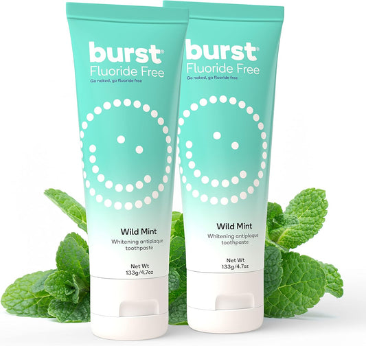BURST Fluoride Free Whitening Toothpaste for Stain Removal (4.7oz/2 Pack/Wild Mint) | for Sensitive Teeth | with Xylitol | Vegan, Gluten & SLS Free