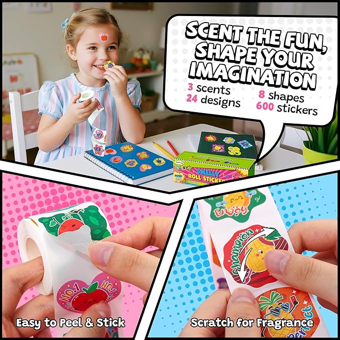 HORIECHALY 600 Pcs Scented Stickers for Kids, 3 Rolls Scratch and Sniff Smelly Motivational Reward Stickers, Classroom Encouragement School Smelly Sticker for Teachers, Students(1.57")