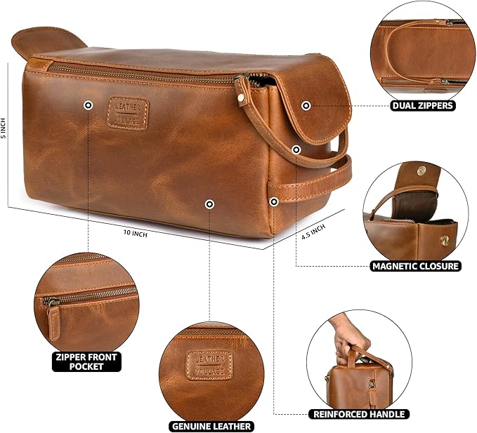 LEATHER VILLAGE Premium Leather Travel Toiletry Bag - Unisex Water-Resistant Travel Dopp Kit, Shaving & Cosmetic Organizer for Men & Women - Compact Bathroom Essentials - Tan Brown