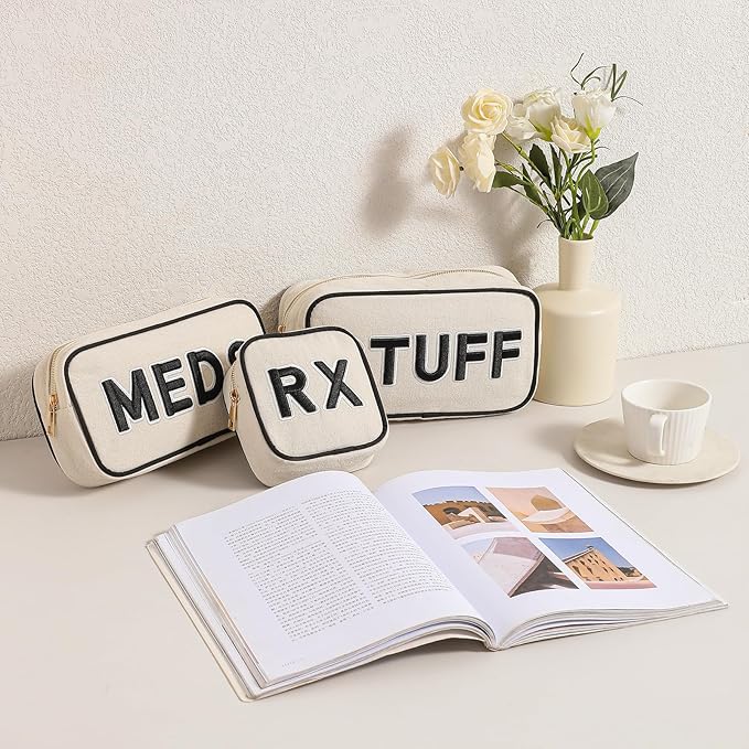 3Pcs Canvas Rx MEDS STUFF Packages, Cute Chenille Letter Patch Drug Makeup Bag with Metal Zipper, Mini Travel First Aid Purse Organizer Machine Washable (3Pcs Bags)