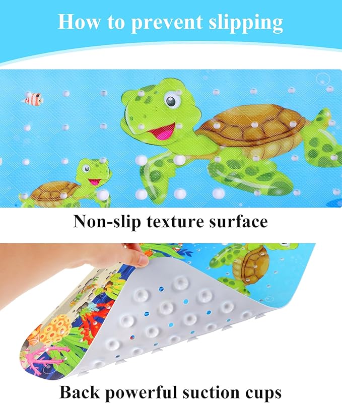 Bath Mat for Tub Non Slip, Machine Washable Anti-Slip Cartoon Baby Bathtub Shower Mat with Drain Holes and Suction Cups for Toddler & Kids (40 Inch x 16 Inch-Rectangular, Turtles)
