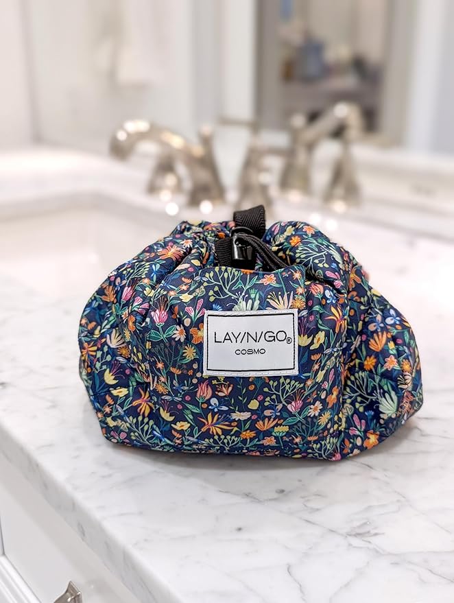 Lay-n-Go Cosmo Layflat Drawstring Cosmetic & Makeup Bag Organizer - Portable Drawstring Makeup Bag w/Zipper Pocket, Loops & More -Durable, Machine Washable Toiletry Bag (20", Butterfly Small Floral)