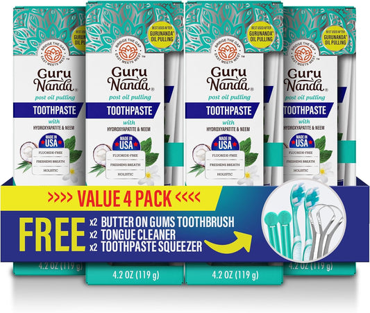 GuruNanda Hydroxyapatite Toothpaste, SLS & Fluoride Free (4 Pack), Whitening Toothpaste - Freshens Breath, Fights Plaque - with 2 Toothbrushes, 2 Tongue Scrapers & 2 Tube Squeezers