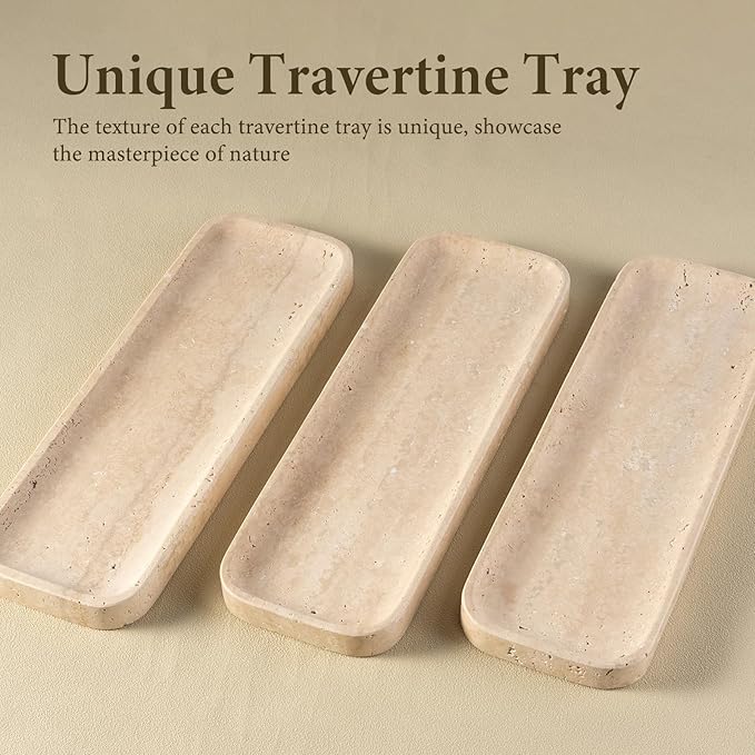 Koville Travertine Tray for Bathroom Sink, 12"x4" Natural Stone Vanity Tray for Kitchen Dresser Countertop, Rectangular Decorative Marble Tray for Jewelry Perfume Trinket(Beige)
