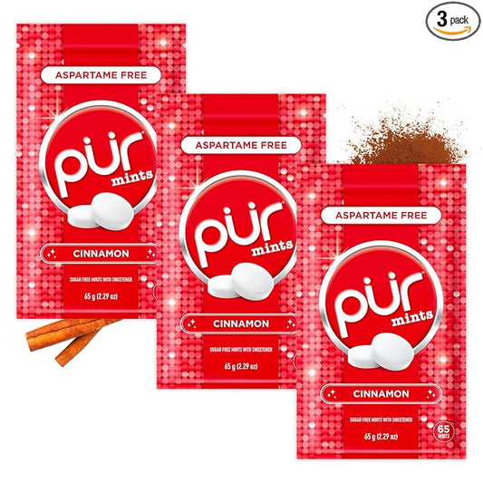 PUR Mints | Aspartame Free Breath Mints | Made with Xylitol | Sugar Free, Vegan, Gluten Free | Natural Cinnamon Flavor | 65 Pieces in Re-Sealable pouch (Pack of 3)