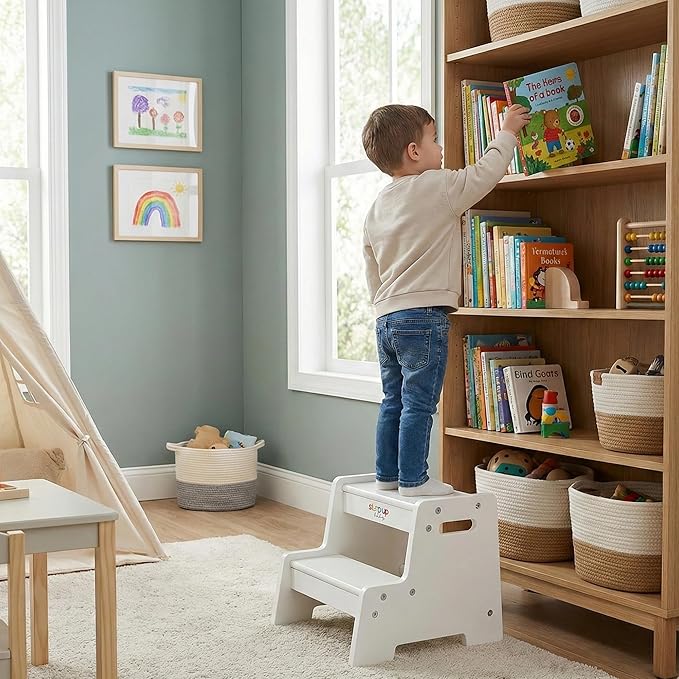 Stepup Baby Wooden Step Stool for Kids White – 2-Step Toddler Stool with Handles, Birch Plywood, Anti-Tip Base & Rounded Corners – Bathroom Sink & Countertop Step Stool