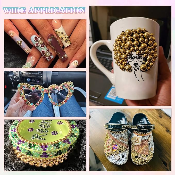 13500Pcs Flatback Pearls for Bedazzling (Gold) with 3Pcs B7000 Jewelry Glue, Assorted Size 2/3/4/5/6/8/10mm Half Pearl, Bedazzling Gems for Crafting Clothing Tumbler Shoes Embellishment Nail Art