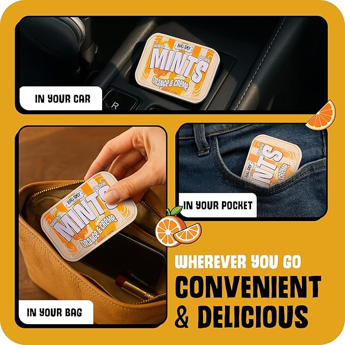 Big Sky Sugar Free Mints Orange & Cream | Sugarfree, No Artificial Colors or Flavors | Kosher Certified, Vegan, Gluten Free | Aspartame & Xylitol Free | 50 Count Tin (Pack of 6)