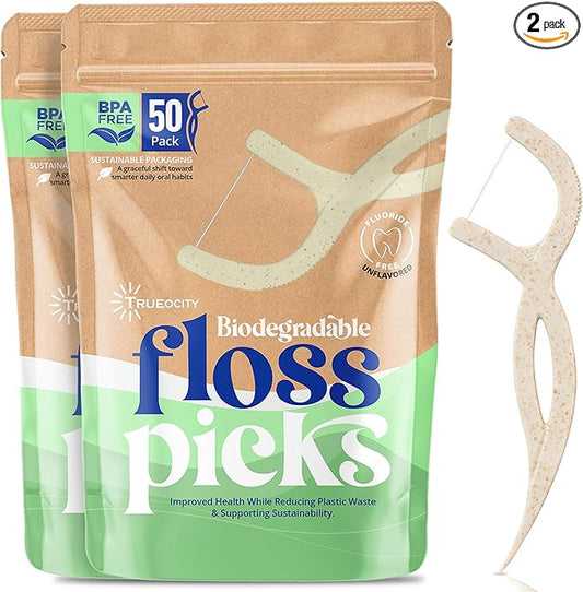 Biodegradable Floss Picks, Natural & Organic Floss Picks, Eco-Friendly Tooth Flossers, Ideal for Adults, Gentle & Effective Flossing, Fresh Breath, Sustainable Oral Care (100 Units)