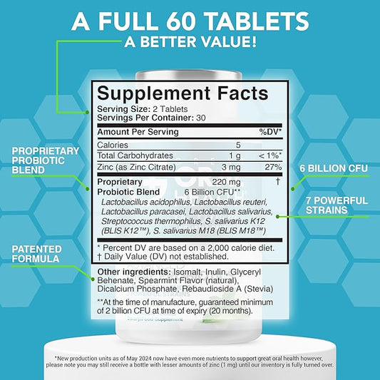 Advanced Oral Probiotics for Mouth Bad Breath Treatment for Adults, Dentist Formulated BLIS K12 M18 Oral Health Probiotics for Teeth/Gums, Flavor Variation Pack: Mint, Strawberry Vanilla 60 Count Each