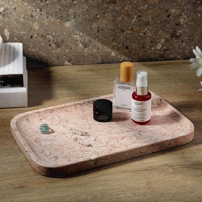 Koville Marble Tray, 12"x8" Natural Marble Vanity Tray for Countertop Bathroom Kitchen Dresser, Decorative Catchall Trays for Perfume Jewelry, Rectangular Stone Serving Tray(Pink)