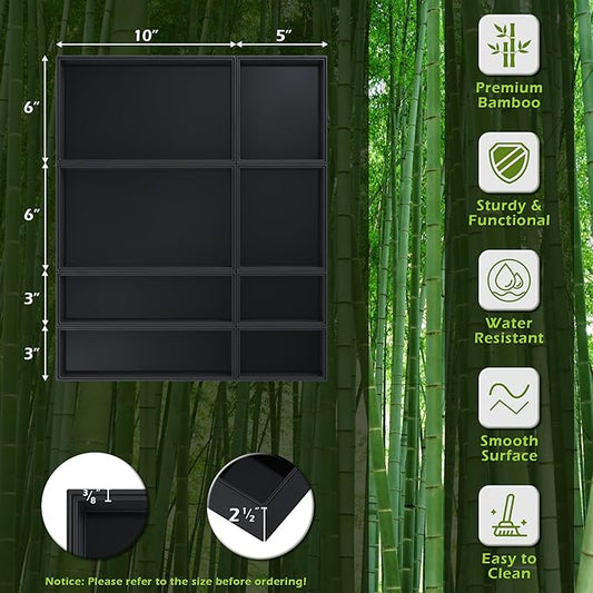 Bathroom Drawer Organizer Trays, Bamboo Drawer Organizer Kitchen Utensils Silverware Organizer, 8 PCS Wood Box Stackable Bins for Makeup, Office Desk, Junk Drawer (Black)