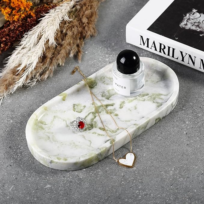 Koville Marble Vanity Tray for Bathroom Countertop, Green Marble Bathroom Tray Perfume Trays for Dresser, Stone Jewelry Dish Stone Trays for Kitchen Counter, Candle Holder for Home Decor