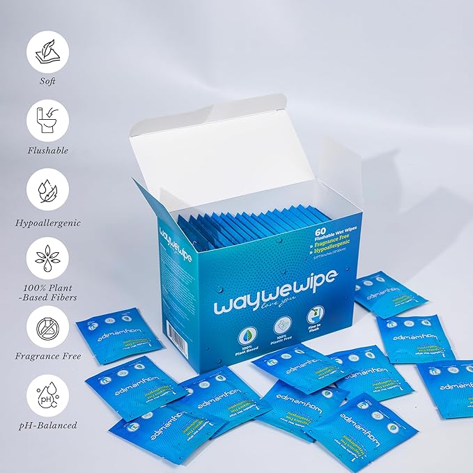 On-The-Go Flushable Wet Wipes, 60 Count XL Individually Wrapped Adult Wipes, Hypoallergenic 100% Plant Based Septic Safe, Travel Size Cleansing Cloth for Men & Women, Fragrance Free (60 Ct)