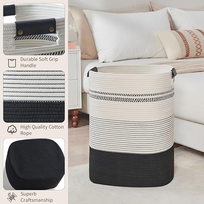 Laundry Basket with Handles - Blanket Basket & Hampers for Bedroom Aesthetic, Laundry Hamper & Blanket Storage for Living Room, Clothes Hamper, Tall, Large 17" x 14" x 22”, Black & White