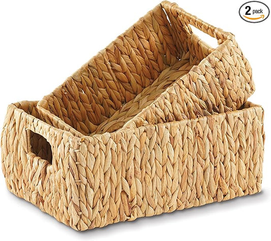 Greenatural Water Hyacinth Storage Baskets Set of 2, Handwoven Rectangular Organizer Trays with Built-in Handles in 2 Sizes, Nested Wicker Bins for Shelf, Bathroom, Kitchen, Office, Natural Decor