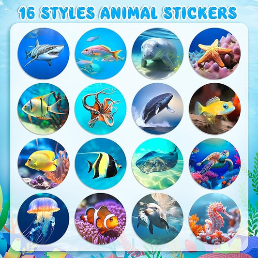 1200Pcs Roll Ocean Stickers Round Sea Animals Stickers for Kids Fish Sticker for Water Bottle Teacher Reward School Supplies Incentives (16 Styles)