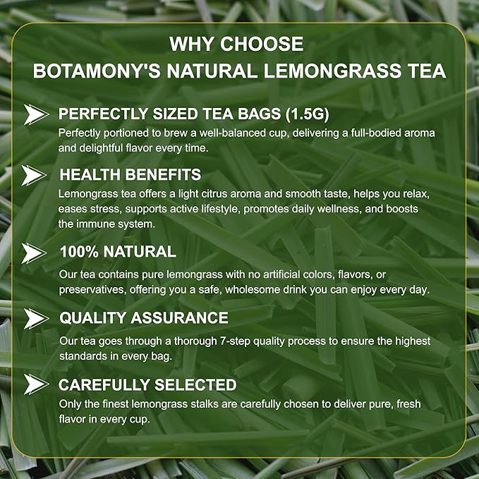 BOTAMONY 75 Premium Lemongrass Tea Bags 1.5g/Bag, 100% Natural Zacate de Limon, Caffeine-Free Herbal Tea for Daily Enjoyment, Refreshing Citrus-Mint Aroma & Smooth Flavor, Non-GMO & Vegan