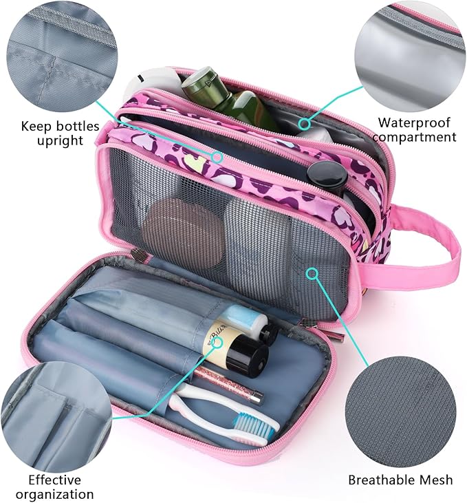 Cheetah Kids Toiletry Bag for Girls, Travel Toiletry Bag for Little Young Girls Cosmetic Bag Makeup Bag Waterproof Hanging Wash Bag Toddler Toiletries, Pink Leopard