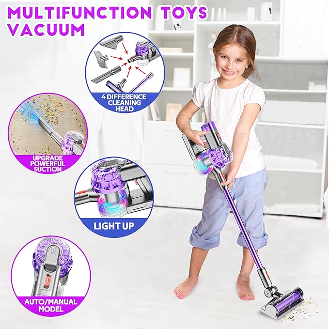4-in-1 Kids Toy Vacuum That Really Works, Toddler Pretend Play Cleaning Set with Real Suction, Toys Working Cleaner Birthday Idea for 3 4 5 6 7+ Year Girl Boy (Purple)