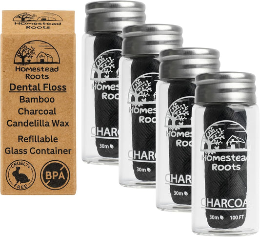 Natural Bamboo Dental Floss 4 Pack - Refillable Glass Containers (100 Feet Each) - Zero Waste, Vegan, Non Toxic, Extra-Strong Charcoal-Infused Floss