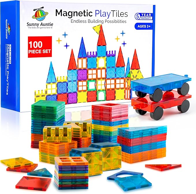 Magnetic Tiles 100 PCS with 2 Cars, Magnetic Tiles for Kids & Toddlers, Toy for 3 4 5 6 7 8 Year Old Boys & Girls, Gift Box