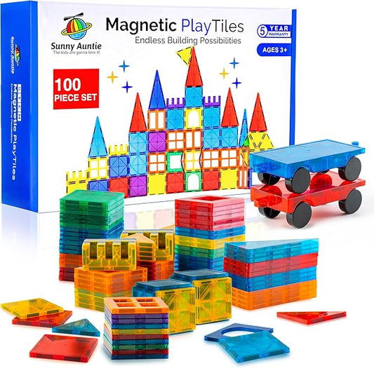 Magnetic Tiles 100 PCS with 2 Cars, Magnetic Tiles for Kids & Toddlers, Toy for 3 4 5 6 7 8 Year Old Boys & Girls, Gift Box