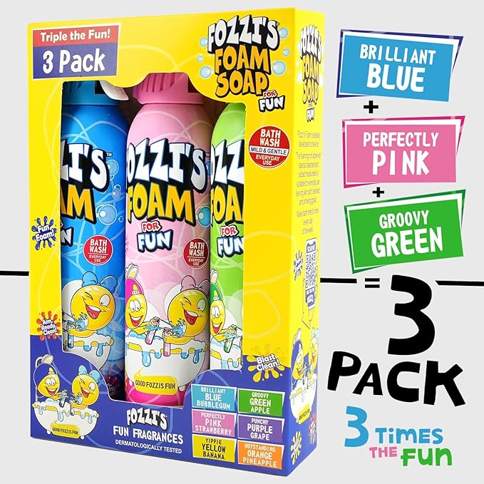FOZZI’S Mixed Bath Foam Soap for Kids (3 Pack) - Fun Aerosol Spray - Squishy Bubble Soap for Playtime - Gentle Cleanser Foaming Body Wash - Safe Bath Fun for Everyday Wash