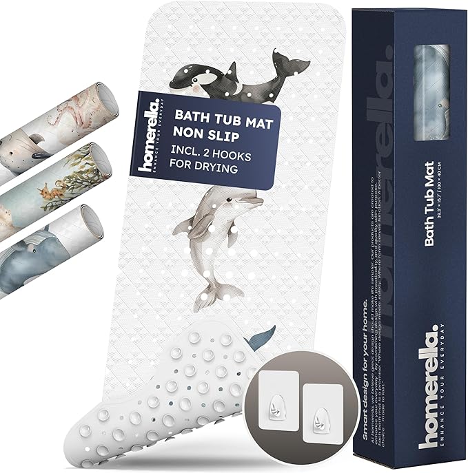 Homerella Baby Bath Tub Mat | Anti Mold Mildew Resistant Non Slip Kids and Adult Bath Tub Shower Mats | 40x16 inch Long with Suction Cups for Secure Grip Hooks for Storage & Drying | Machine Washable