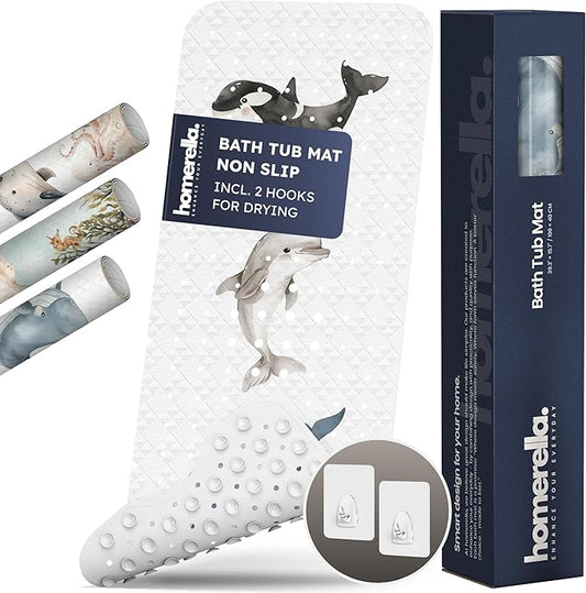 Homerella Baby Bath Tub Mat | Anti Mold Mildew Resistant Non Slip Kids and Adult Bath Tub Shower Mats | 40x16 inch Long with Suction Cups for Secure Grip Hooks for Storage & Drying | Machine Washable