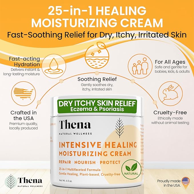 Thena Healing Cream Intensive Moisturizing Dry Irritated Itchy Skin Relief - Hydrates Soothes Nourishes Hands Body Scalp, Natural Moisturizer for Eczema Psoriasis Dermatitis, Adults & Kids