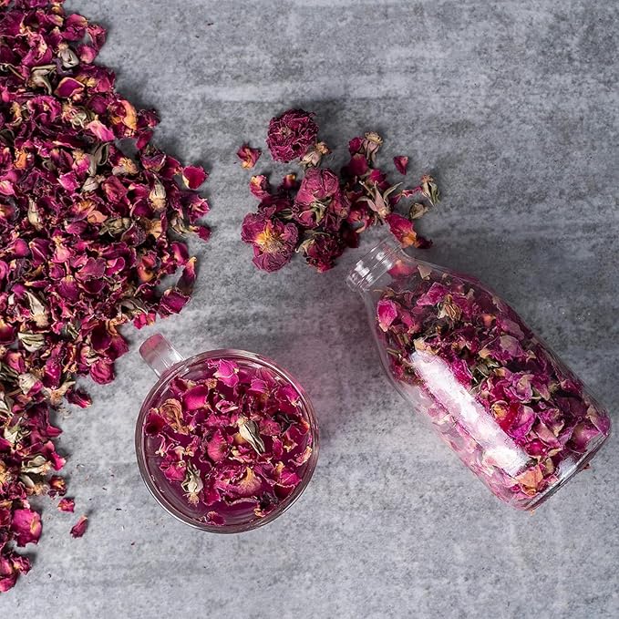 Cure wid Pure Sun-Dried Rose Petals & Buds Whole In Resealable Pouch - Fragrant & Rich in Color,Ideal for Culinary & Aromatic Uses Food Grade Dried Roses for Tea,Rose Water,Decor & More 1Lb