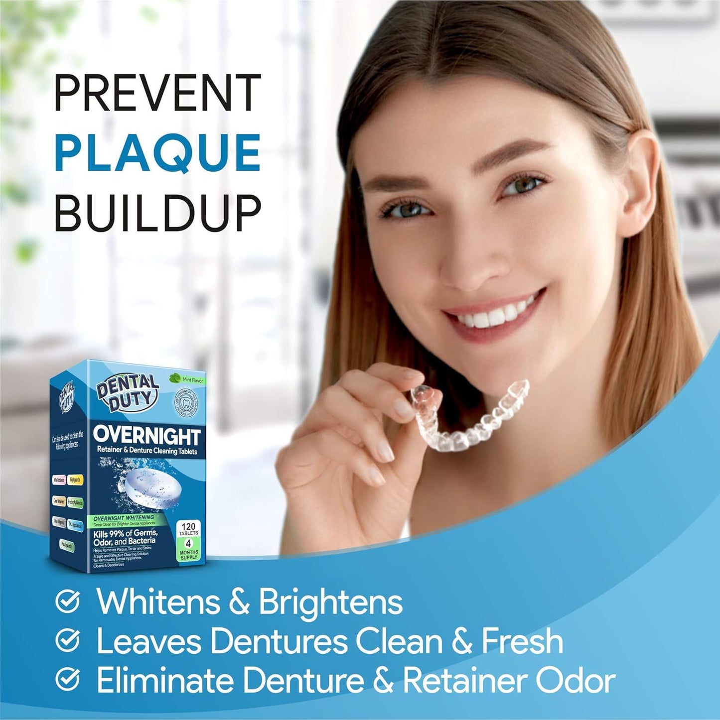120 units Overnight Retainer & Denture Cleaning Tablets- Extra Strength, Best Cleaner Removes Bad Odor, Plaque, Stains from Retainers, Night Guards, Mouth Guard, & Dental Appliances.