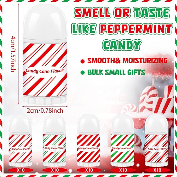 50 Pcs Christmas Lip Balm Bulk Mini Candy Cane Peppermint Flavor Lip Balms Bulk Christmas Stocking Stuffers Xmas Party Gifts Small Thank You Employee Appreciation Gifts for Women Men (Candy)