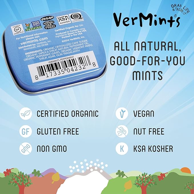 VerMints Organic Breath Mints PepperMint Candy Mints for Real Long-Lasting Flavor, Travel Size Tin - Non-GMO, Nut Free, Gluten Free, Vegan, Kosher Peppermints - .63oz/18g Tins (Pack of 12)