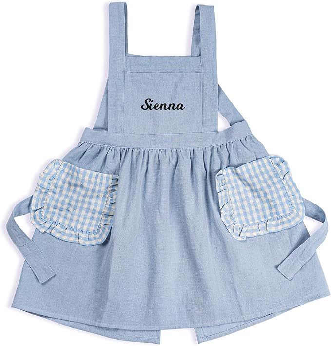 MT WORLD Girls Apron Personalized Linen Kids Aprons for Cooking Toddler Girls Cross Back Apron Pinafore for Baking Crafting